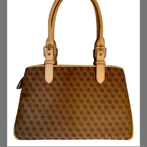 Dooney $ Bourke Signature Monogram Leather & Canvas Tan Beige Handbag Red Piping